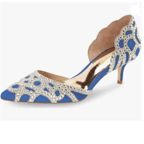 XYD Shoes - XYD Royal Blue Elegant Pointed Toe D'Orsay Kitten Heel Rhinestone Studs Pump